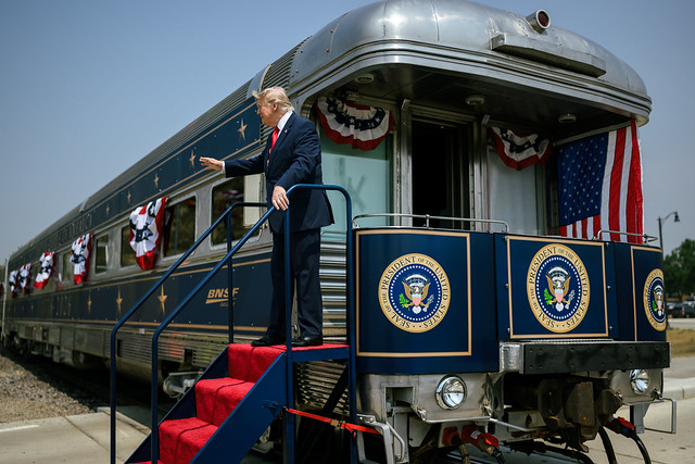 President Donald J. Trump greets the crowd in Medora, North Dakota, after arriving on the Freedom 250 Train en route to the grand opening of the Theodore Roosevelt Presidential Library, Wednesday, July 1, 2026. (Official White House Photo by Daniel Torok)